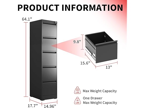 DARTIIA 5 Drawer Vertical File Cabinet