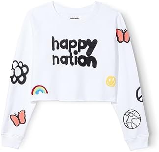 Happy Nation Fleece Crop Crewneck Sweatshirt, Optic White, Large+