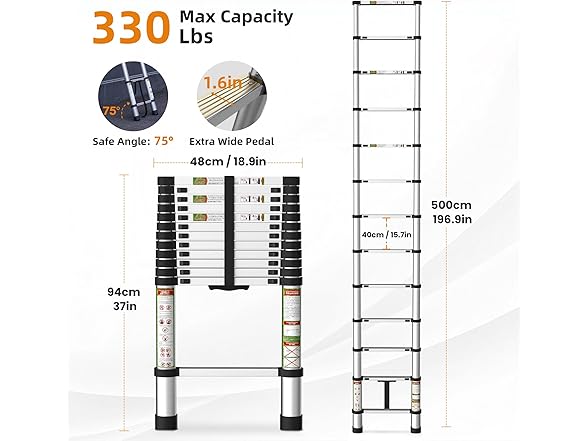 SPIEEK Telescoping Ladder for RV & Attic, 16.5FT Aluminum Extension Ladder with Dual Locking Mechanism, Max Load 330lbs, Compact Foldable Ladder for Roof, Home, Travel Trailer & Multi-Surface Use (Open Box)