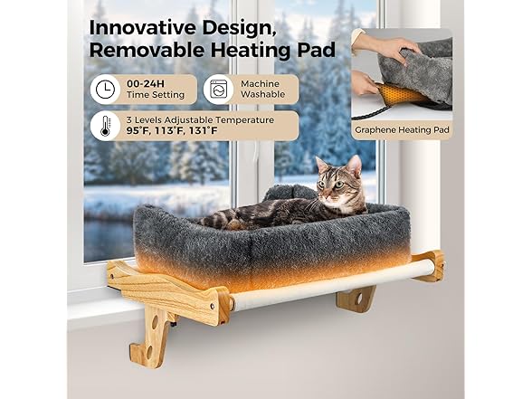 Heated Wood Cat Window Perch w/ Timer