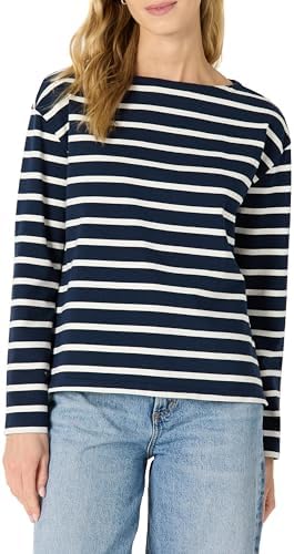 Amazon Essentials Women's 100% Cotton Heavyweight Long-Sleeve Boatneck Top, Navy Eggshell White Mariner Stripe, Large