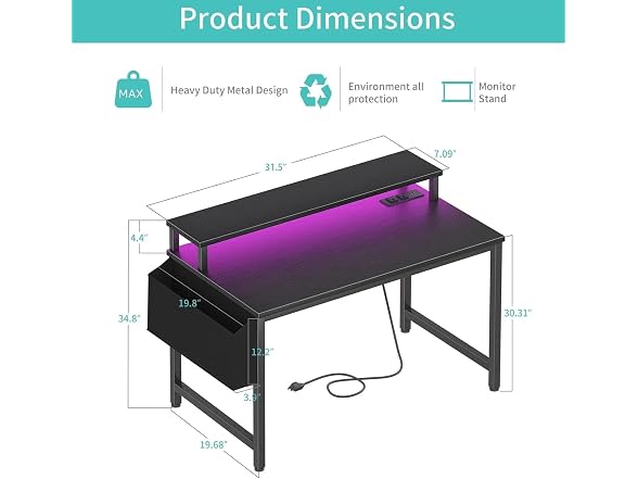 Lufeiya 32in Desk w/Outlets LED Lights
