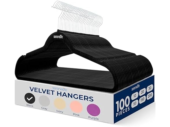 SereneLife Velvet Hangers 100 Pack Black
