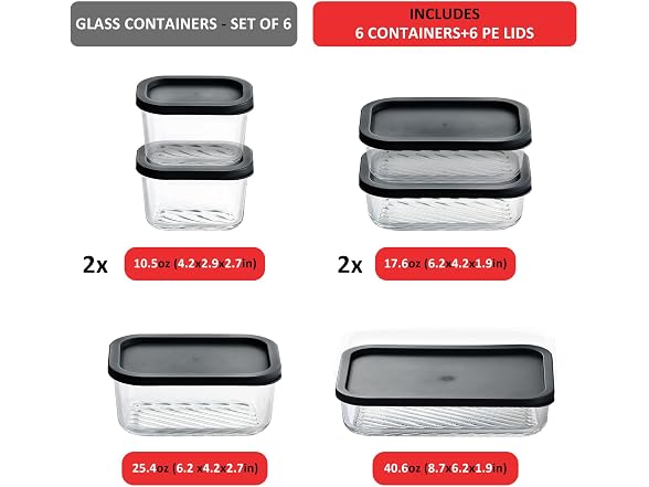 EATEX Grooved Base Glass Meal Prep Containers, 6 Pack Black