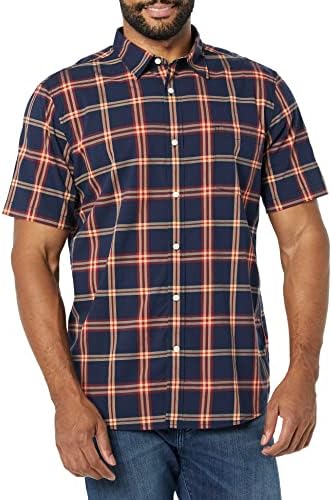 Amazon Essentials Men's Slim-Fit Short-Sleeve Poplin Shirt, Navy Red Plaid, Large