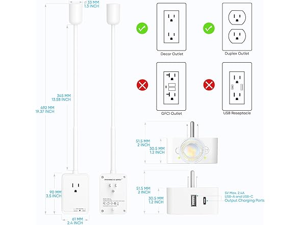 PRINCEWAY Plug In LED Reading Light with Outlet