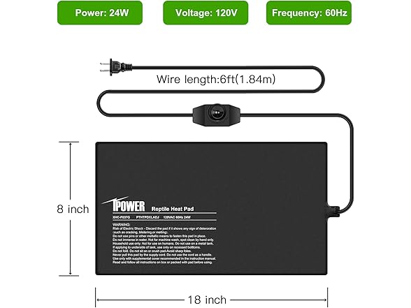 iPower 8 by 18-Inch 24 Watts Reptile Heating Mat