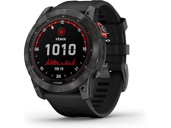 Garmin Fenix 7X Solar-Powered Waterproof 1.4-Inch Display Multisport GPS Watch with Built-in LED Flashlight and Bluetooth (Slate Gray with Black Band) (Open Box)