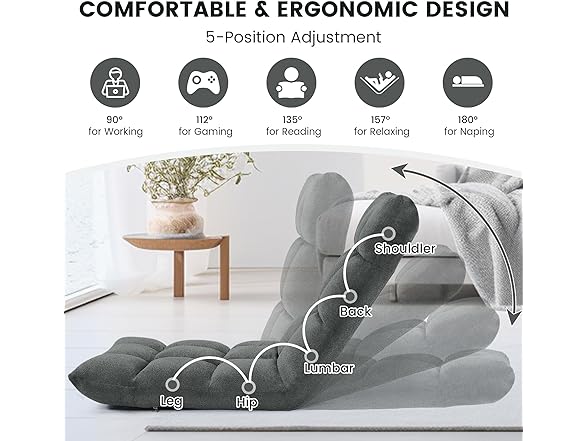 Murago Folding Floor Chair with Back Support for Adults, Adjustable Japanese Meditation; Portable Gaming Chair Recliner Seat with Comfy Cushion, for Teens, Dark Grey (Open Box)