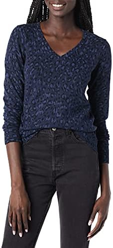 Amazon Essentials Women's Classic-Fit Lightweight Long-Sleeve V-Neck Sweater, Black Navy Cheetah, Large