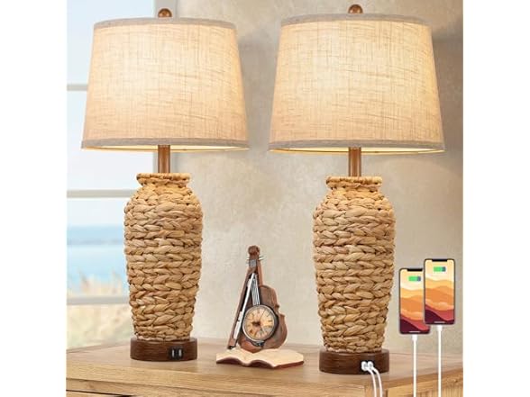 TOBUSA Set of 2 Rattan Table Lamps
