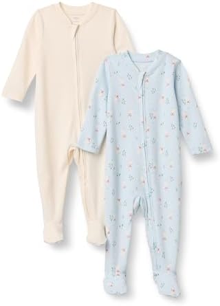 Amazon Essentials x Sofia Grainge Unisex Babies' Cotton Footed Sleep and Play One-piece Bodysuit, Pack of 2, Ivory/Geese, 3-6 Months