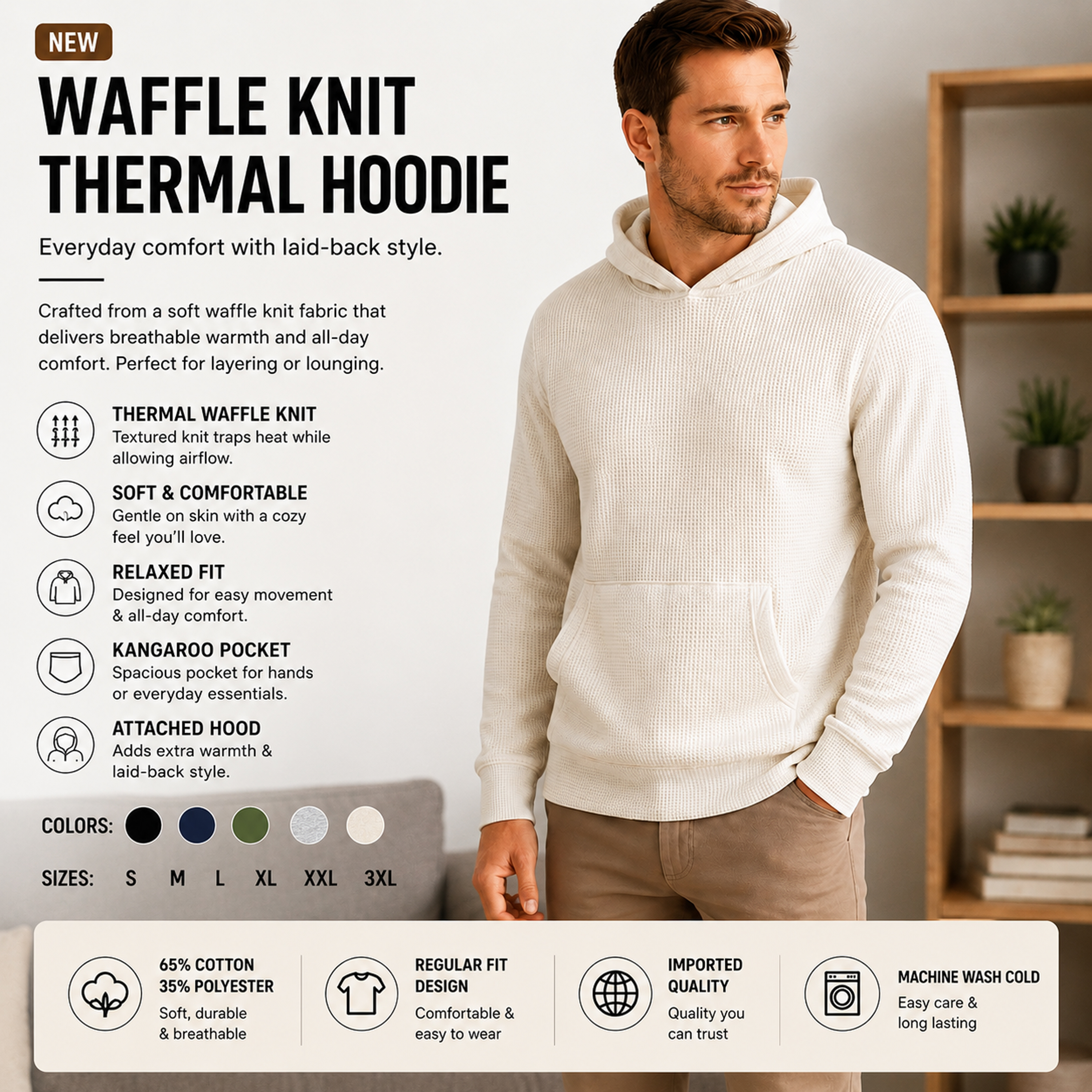 3Pk Mens Waffle Thermal Pullover Hoodie - Gallery 16