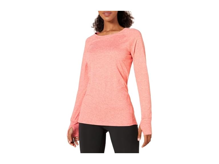Amazon Essentials Long Sleeve Workout Top for Women, Brushed Tech Stretch Crewneck, Athletic, Medium (Available in Plus Size), Coral Pink Space Dye