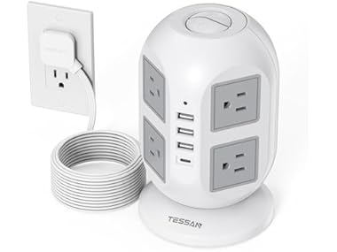 $19.99, Was $29.99, 33% Off! TESSAN 10ft Cord Power Tower (8 Outlets, 1 USB-C, 3 USB-A) dealfomo