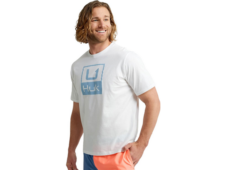 HUK Men's Standard Short Sleeve Performance Tee, Fishing T-Shirt Stacked Logo-White 2.0