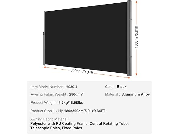Retractable Side Awning, 71''x 118'' Aluminum