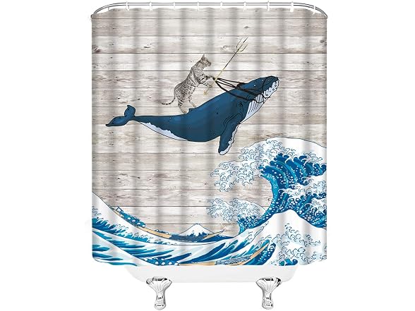 Funny Cat Shower Curtain Cat Riding Whale Blu