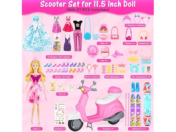 67PCS Doll Playset with Scooter & 11.5 Inch Doll