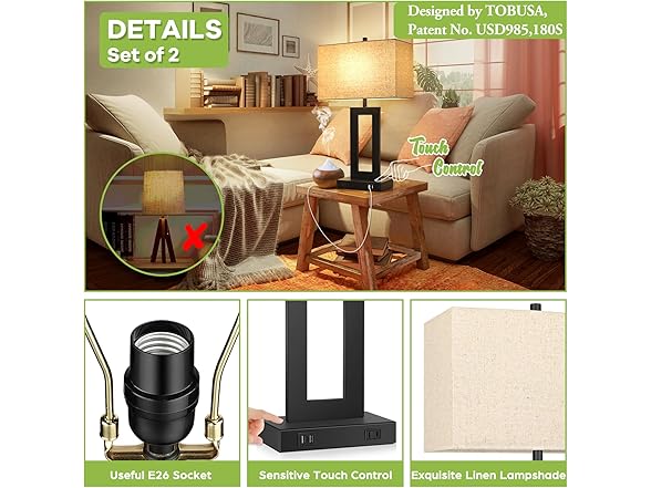 TOBUSA Touch Control Table Lamps Set of 2