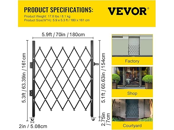 VEVOR Single Folding Security Gate, 5' H x 5-1/2' W