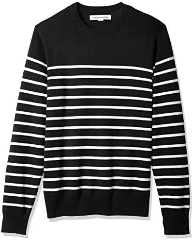 Amazon Essentials Men's Long-Sleeve Crewneck Sweater, 100% Cotton, Big & Tall Options Available, Black White Placed Stripe, X-Small