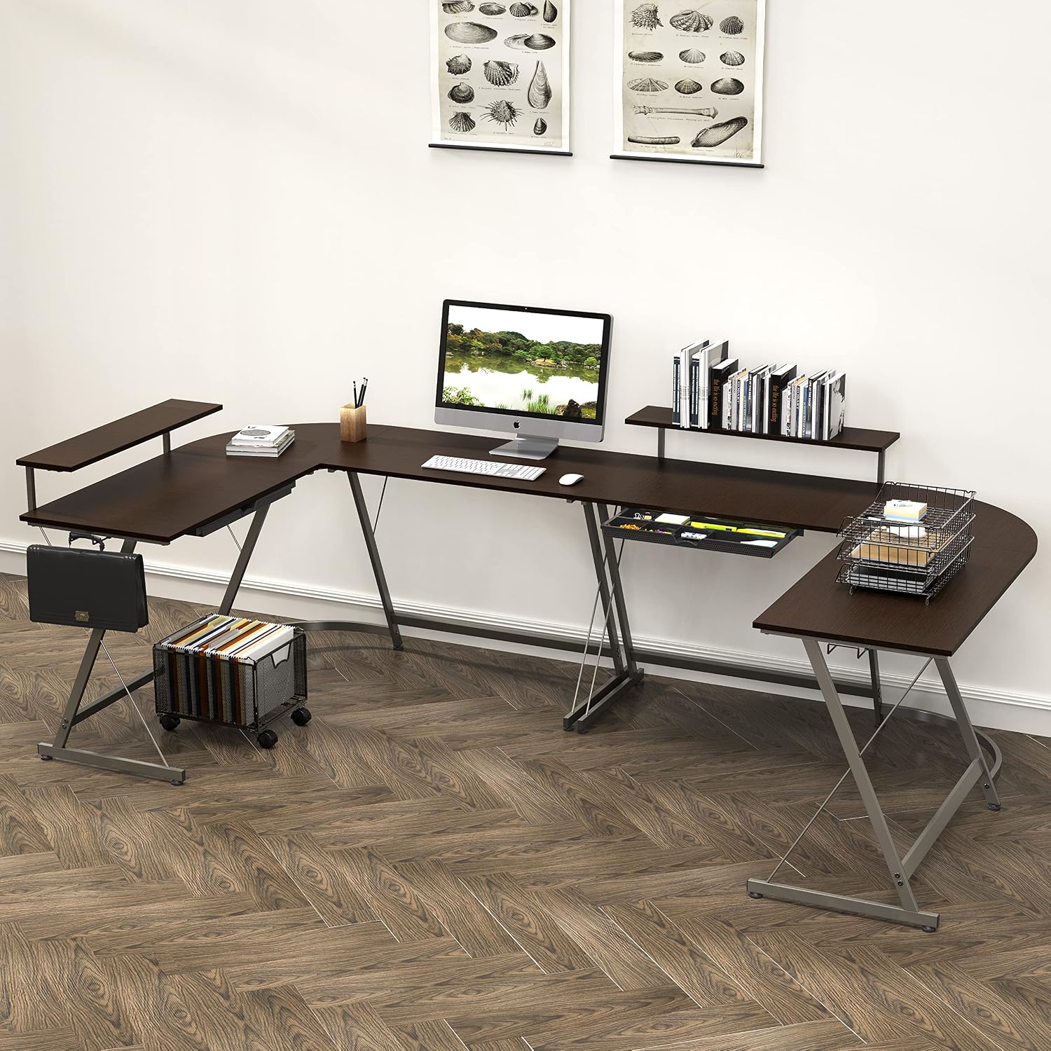 SHW L-Shaped Corner Desk w/Monitor Stand and Drawer - Gallery 11