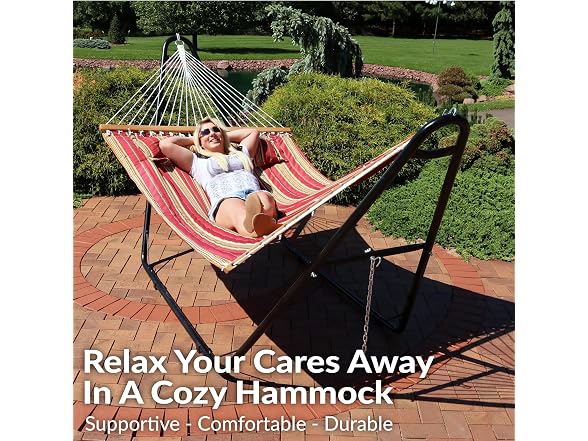 Sunnydaze Quilted Double Hammock, Red Stripes - Gallery 2