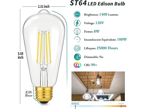 Brightever 8W Vintage LED Edison Light Bulbs 100W Incandescent Equivalent