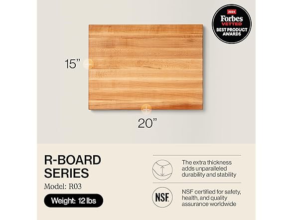 John Boos R-Board Series Rectangular Wooden Maple Cutting Board 20”x15” – 1.5” Thick, 12-lb Reversible Butcher Block with Edge-Grain & Finger Grips – Made in the USA (Open Box)
