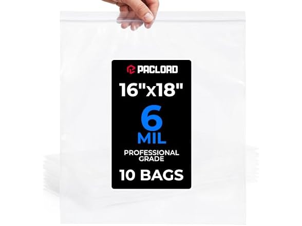 16" x 18" Large Reclosable Plastic Zip Bags, 10 Count