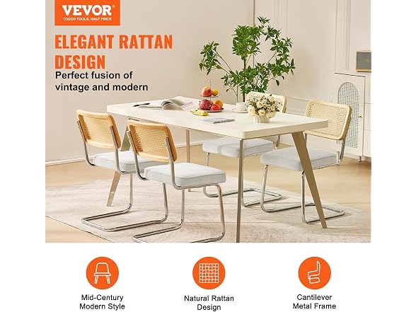 Rattan Dining Chairs Set of 4, Mid Century