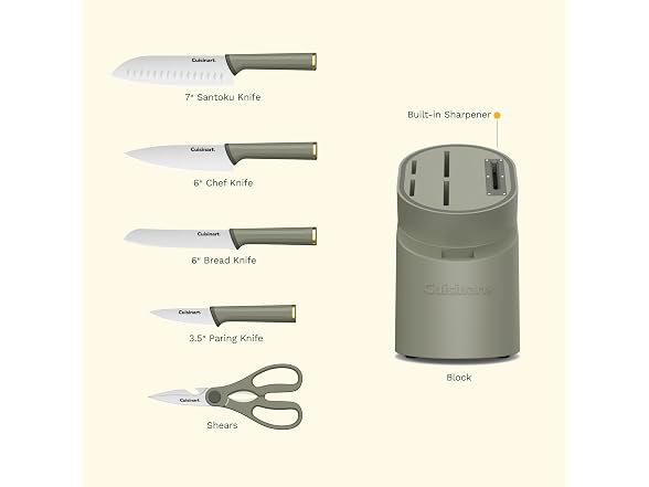 Artisan Elite Stainless Steel Cutlery 6 Piece Knife Block Set, Green