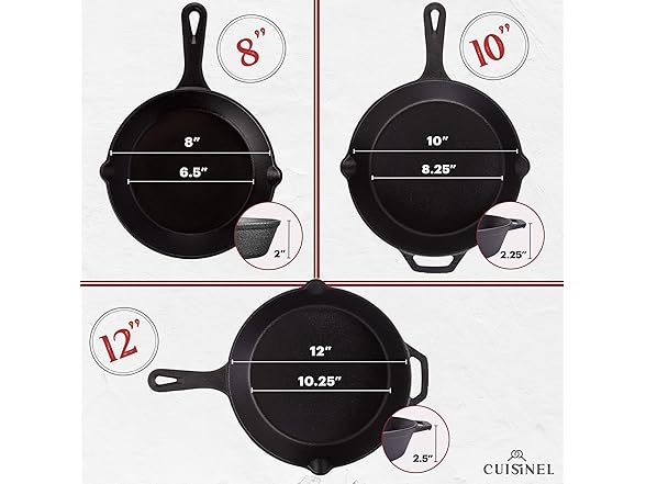 Cuisinel 8"+10"+12" Cast Iron Skillet Set