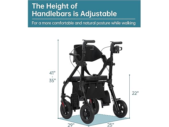 ELENKER All Terrain Rollator Walker Transport Wheelchair Combo, 2 in 1 Rolling Walker with Padded Seat and Wide Backrest, Black (Open Box)