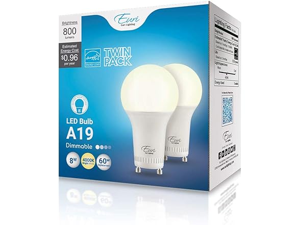 Euri Lighting 2-Pack LED A19 Bulb, 4000K (Bright White)