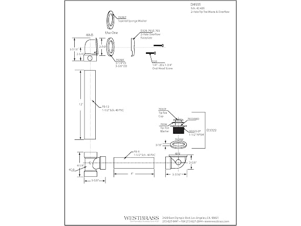 Westbrass Tip-Toe Sch. 40 ABS Bath Waste