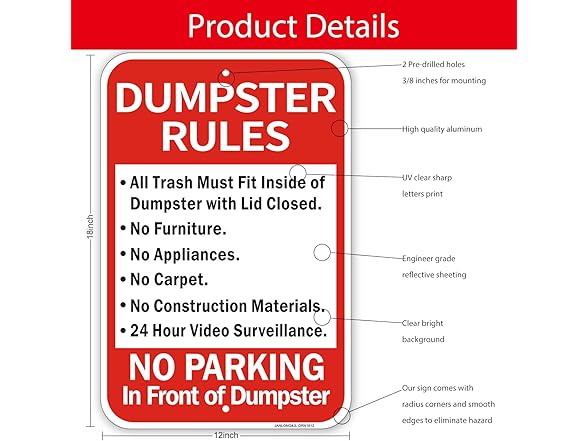 Dumpster Rules Sign 18x12 Reflective