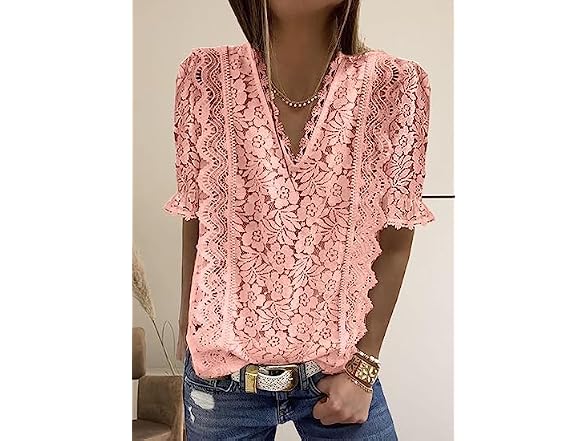 Shewin Women (M) Lace Tops Short Sleeve Shirts