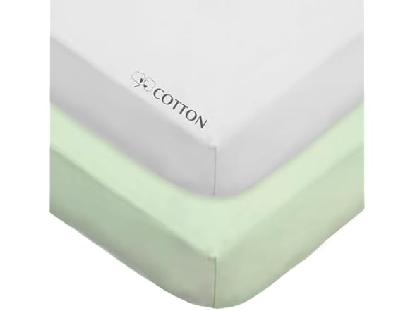2Pk Cotton Crib Sheets, Celery and White