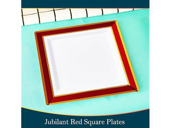 White Square Plastic Dinner Plates with Red Rim - 10.25" (Pack of 10) 
