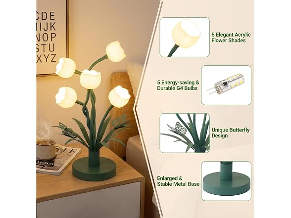 TOBUSA Green Flower Table Lamp, Adjustable Gooseneck Flower