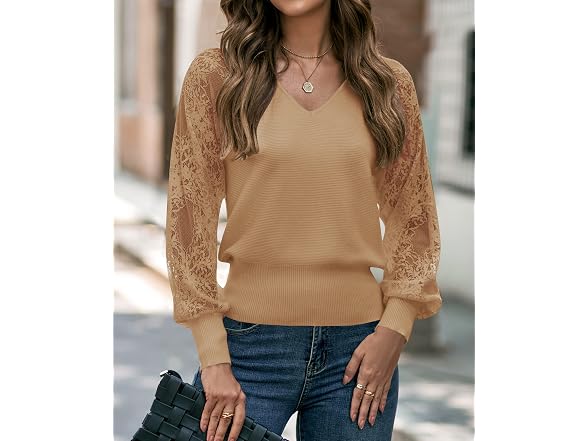 Zcsia Women (S) Long Sleeve V Neck Lace Solid Tops