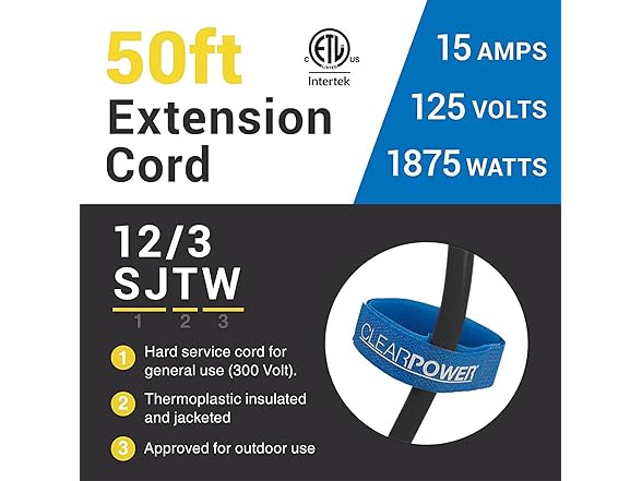 Clear Power 50 ft HD Outdoor Extension Cord 12/3