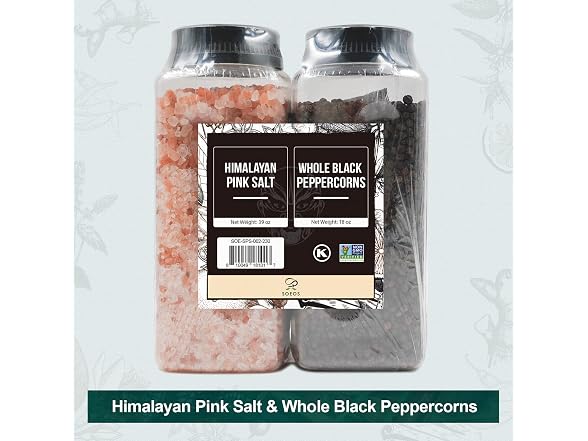 Soeos Himalayan Pink Salt 39 oz + Whole Black Pepper 18 oz