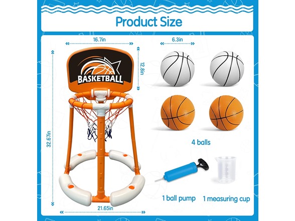 Pool Basketball Hoop w/ Backboard 4 Balls