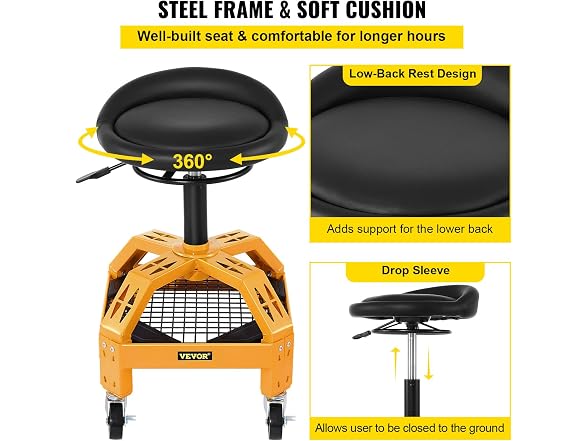 Rolling Garage Stool, 300LBS Capacity 28.7in