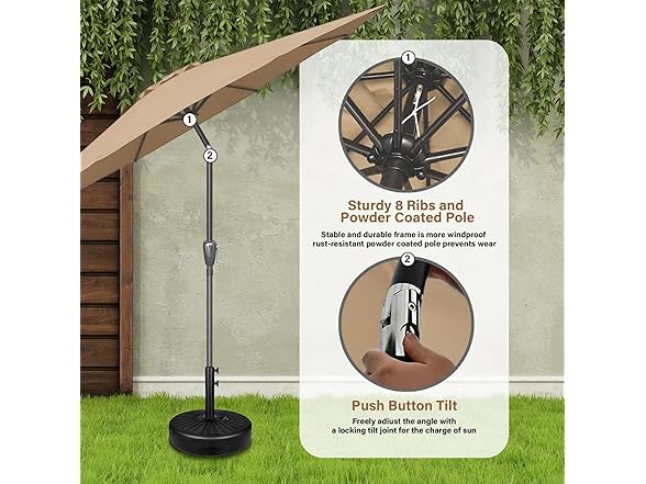 YSSOA 9' Patio Umbrella with 50lbs 20" Capacity Fillable Heavy Duty Round Base