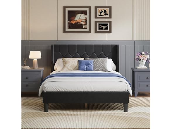 Avenco Queen Size Bed Frame, Upholstered, Black Velvet