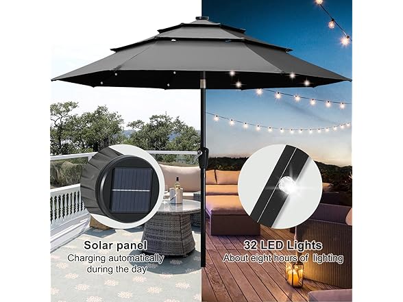 ABCCANOPY Solar Led Patio Umbrellas 3-Tiers 11FT (Dark Gray)